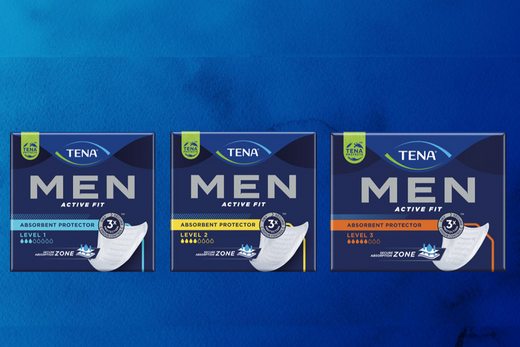 Three boxes of TENA Men Active Fit products on a blue background
