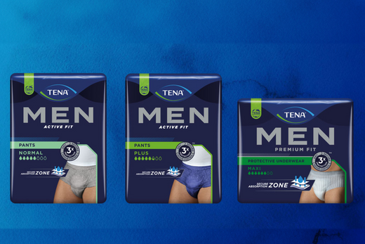 Three packages of TENA Men products on a blue background
