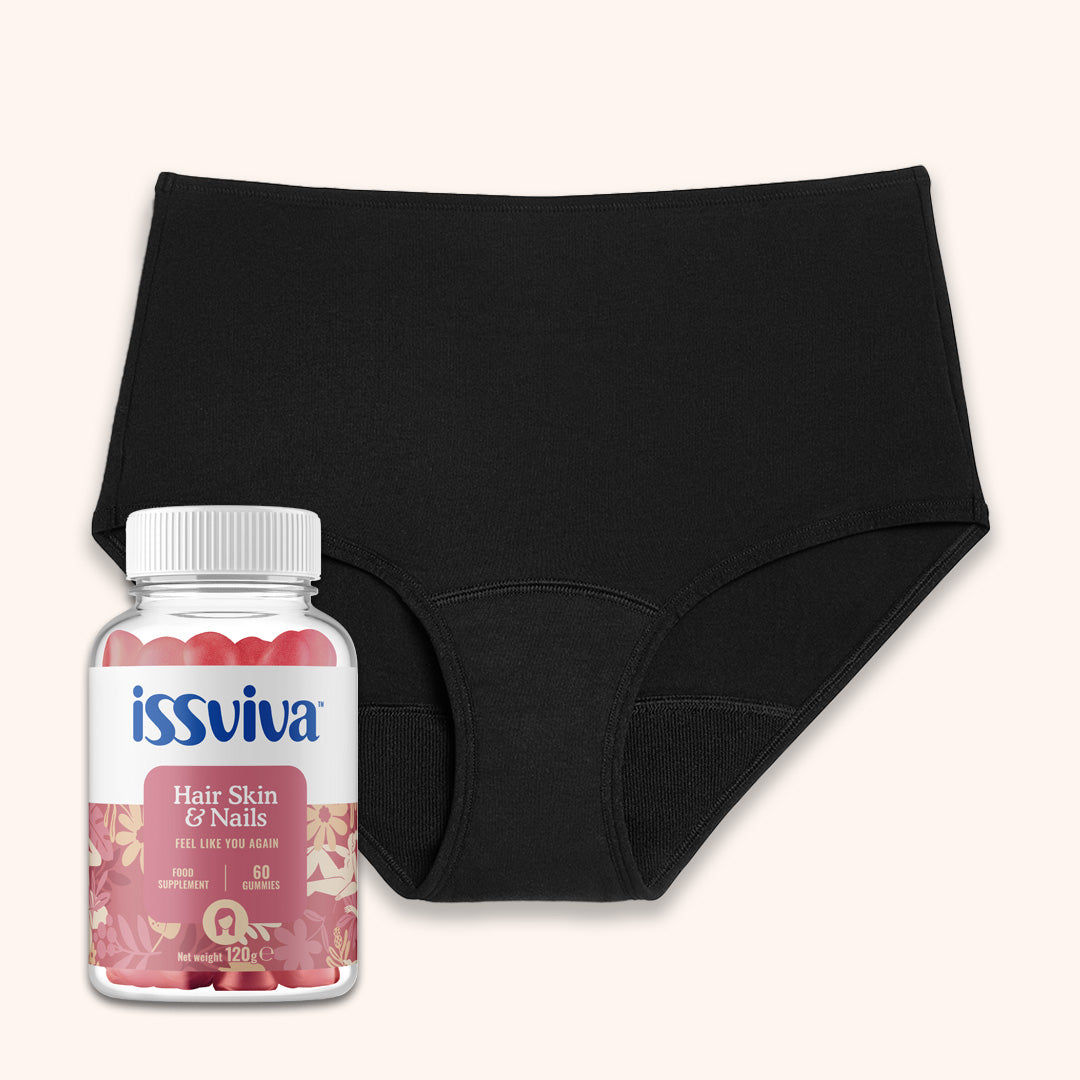 Stylish Beauty Bumper Bundle featuring TENA high-cut period briefs and Issviva Hair Skin & Nails gummies, promoting comfort and beauty enhancement.