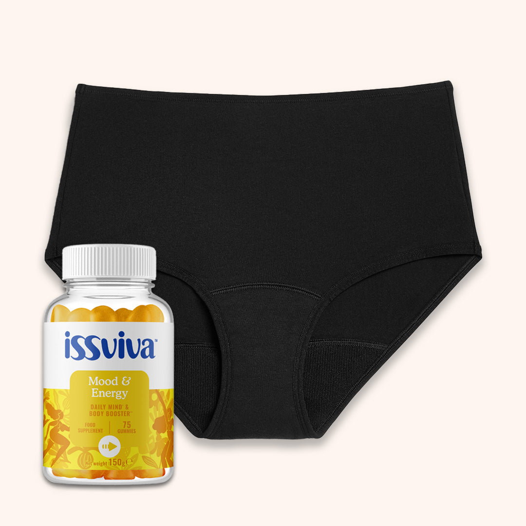 Active & Energised Bumper Bundle: black mid-rise briefs with protective gusset, alongside a clear jar of Issviva Mood & Energy orange-flavored gummies, 75-count.