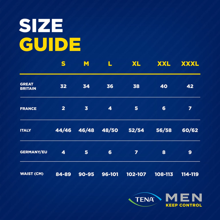 TENA Men Protective Boxers Light, featuring a blue size chart detailing fit and absorption zones, showcasing their discreet design and washable convenience for light incontinence.