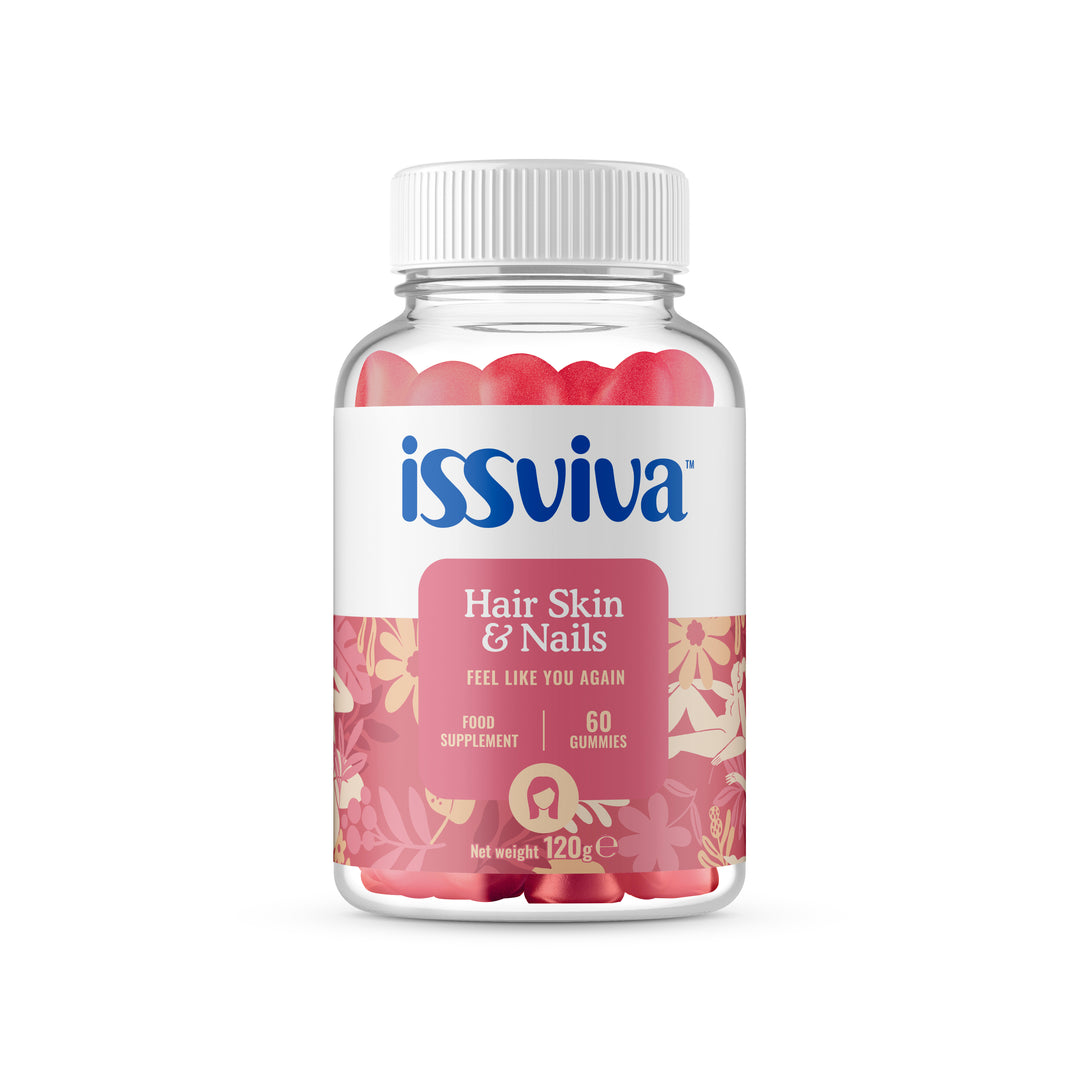 Issviva Hair & Skin gummy vitamins in a clear jar with a white lid, featuring a floral-patterned label, containing 60 gummies for hair, skin, and nails.