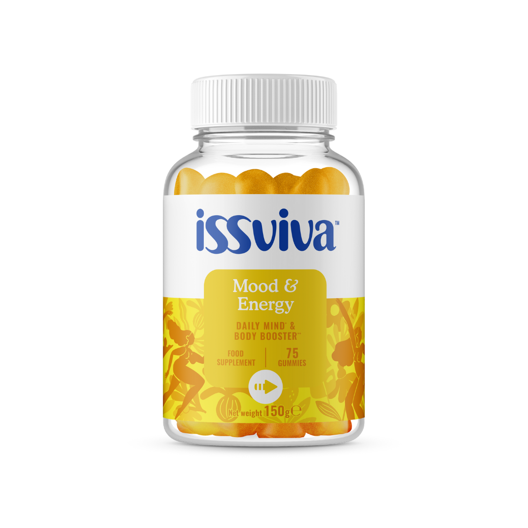 Issviva Mood & Energy gummy supplements in a clear jar with a white lid, labeled as a 150g daily mind and body booster.