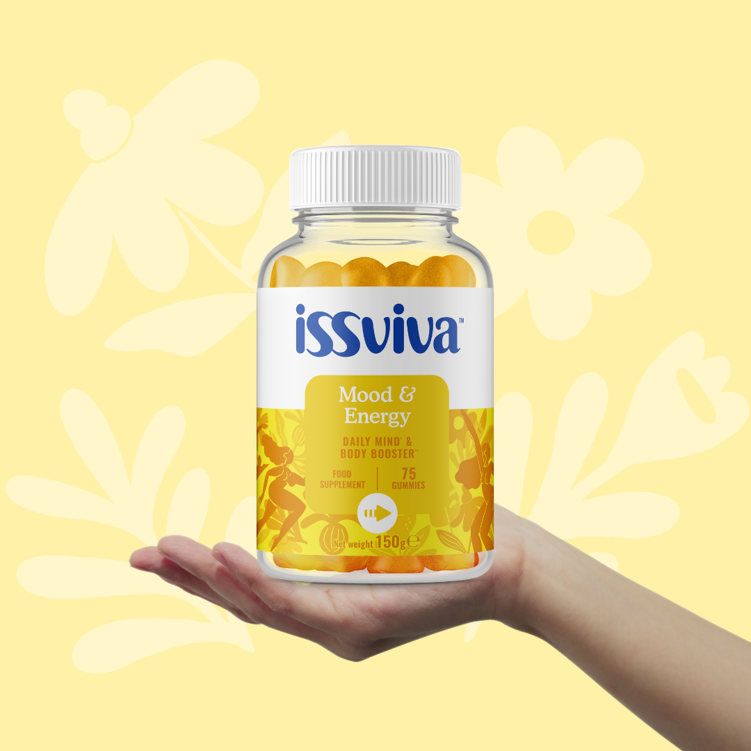 Issviva's Mood & Energy gummies in a clear jar, part of the Active & Energised Bumper Bundle, offering mood enhancement and energy support.