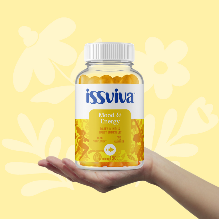 Issviva's Mood & Energy gummies in a clear jar, part of the Active & Energised Bumper Bundle, offering mood enhancement and energy support.