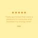 Five-star review card for Active &amp; Energised Bumper Bundle, featuring a testimonial praising the energy-boosting, tasty gummies. Reviewed by Rasha.