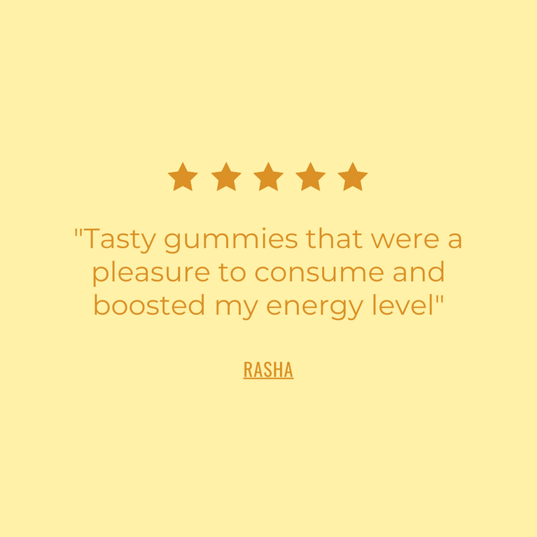 Five-star review card for Active & Energised Bumper Bundle, featuring a testimonial praising the energy-boosting, tasty gummies. Reviewed by Rasha.