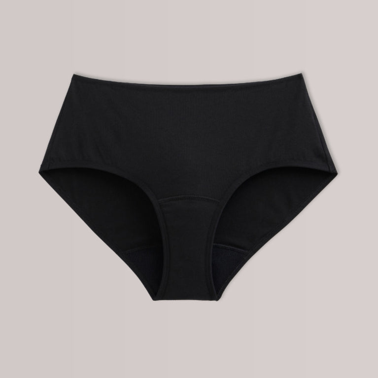 TENA 3 Pack Organic Cotton Underwear features black full-coverage briefs, designed for women with light leaks, offering comfort, discretion, and protection with a high-cut style.