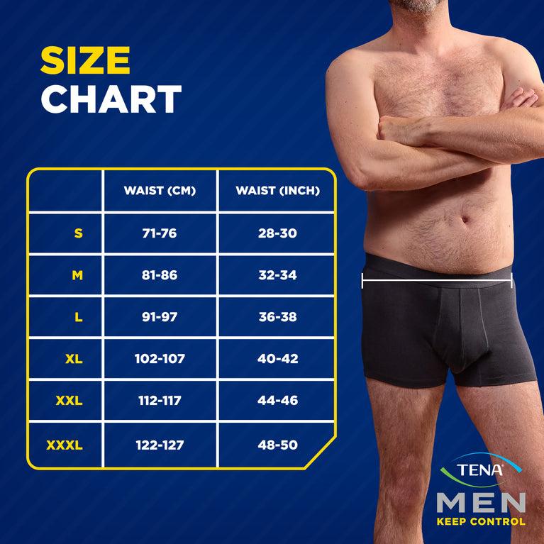 NEW TENA Men Protective Boxers Light showcasing a man wearing black, washable incontinence boxers, designed for discreet protection and comfort, with an elastic waistband.