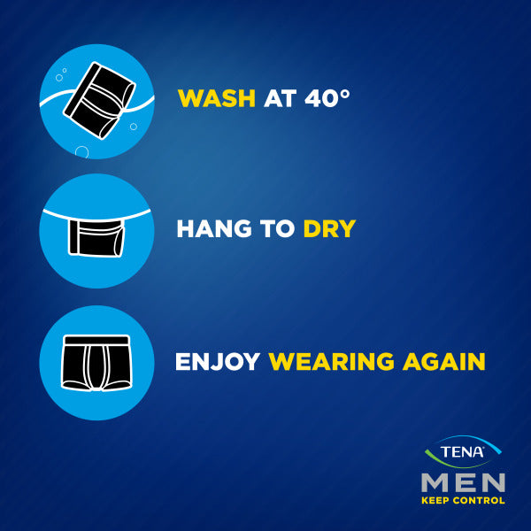 NEW TENA Men Protective Boxers Light featuring black and white images of underwear, designed for incontinence, with built-in protection and washable organic cotton fabric.