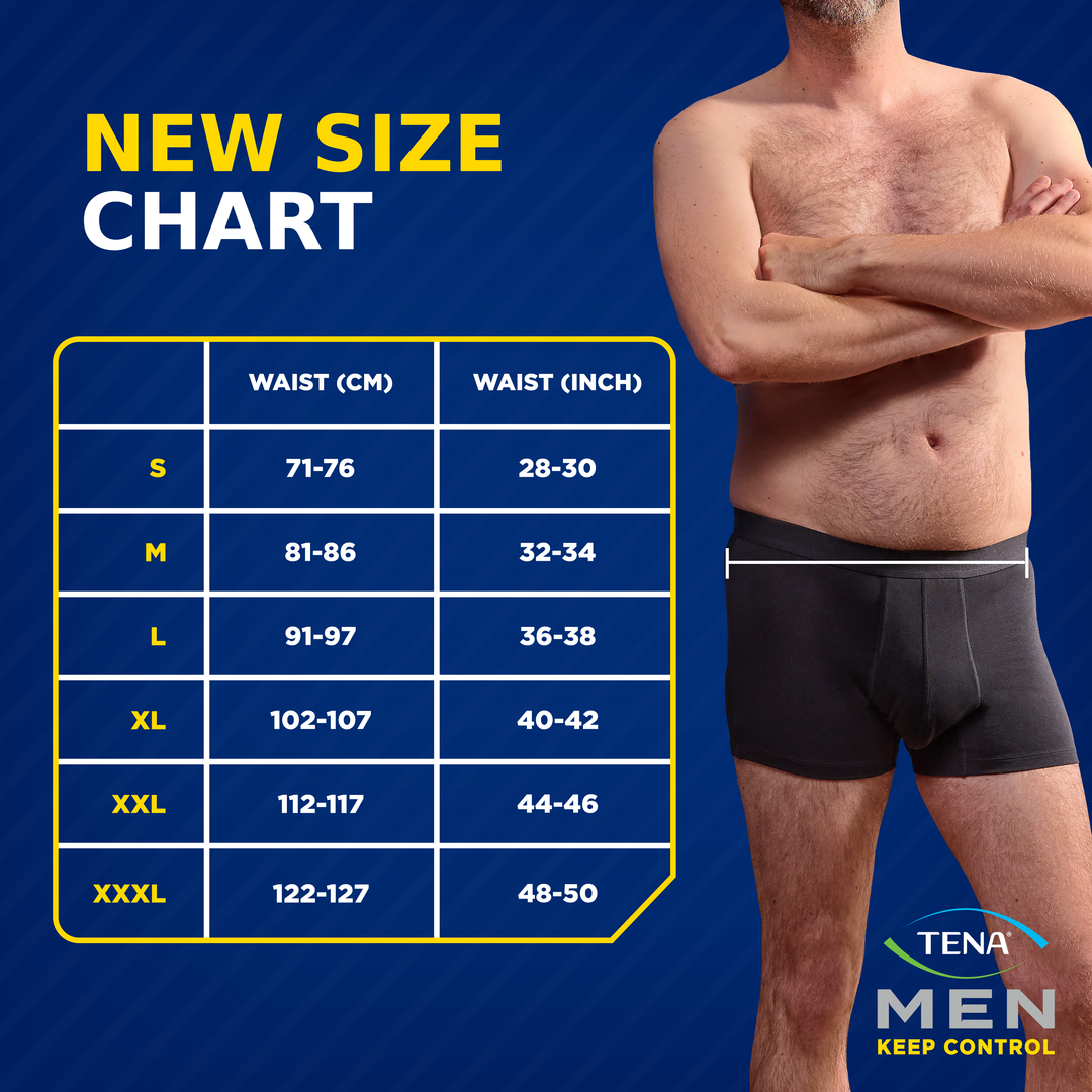 TENA Men size chart with waist measurements on a blue background