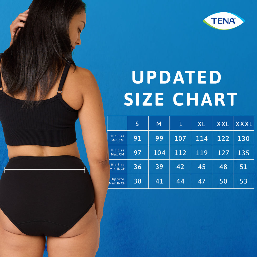 TENA 3 Pack Organic Cotton Underwear promo: woman modeling fit, updated size chart shown, emphasizing comfort and protection for light bladder leaks.