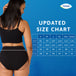 TENA 3 Pack Organic Cotton Underwear promo: woman modeling fit, updated size chart shown, emphasizing comfort and protection for light bladder leaks.