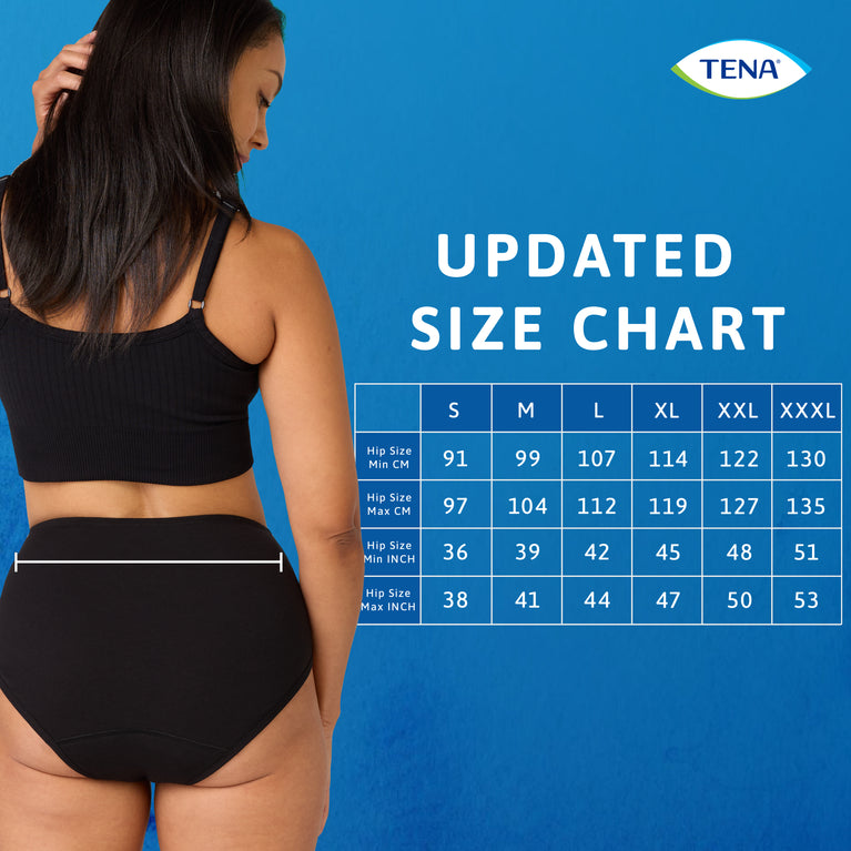 TENA 3 Pack Organic Cotton Underwear promo: woman modeling fit, updated size chart shown, emphasizing comfort and protection for light bladder leaks.