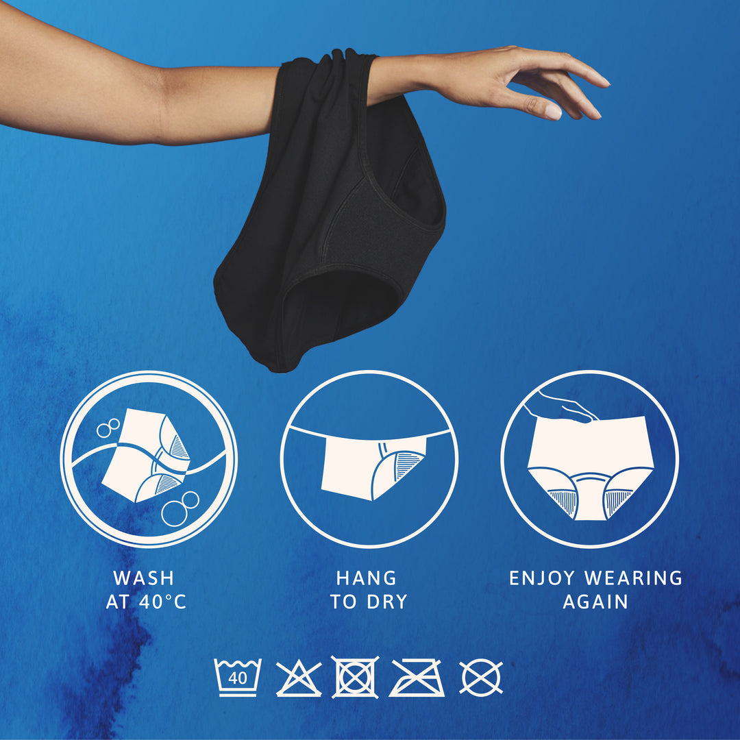 TENA 3 Pack Organic Cotton Underwear care instructions with icons for washing, drying, and wearing, highlighting reusable, protective briefs for light bladder leaks.