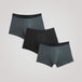 TENA Men 3 Pack Protective Boxers showing two slate-gray and one black pair, offering soft organic cotton comfort with four-layer protection against drips.
