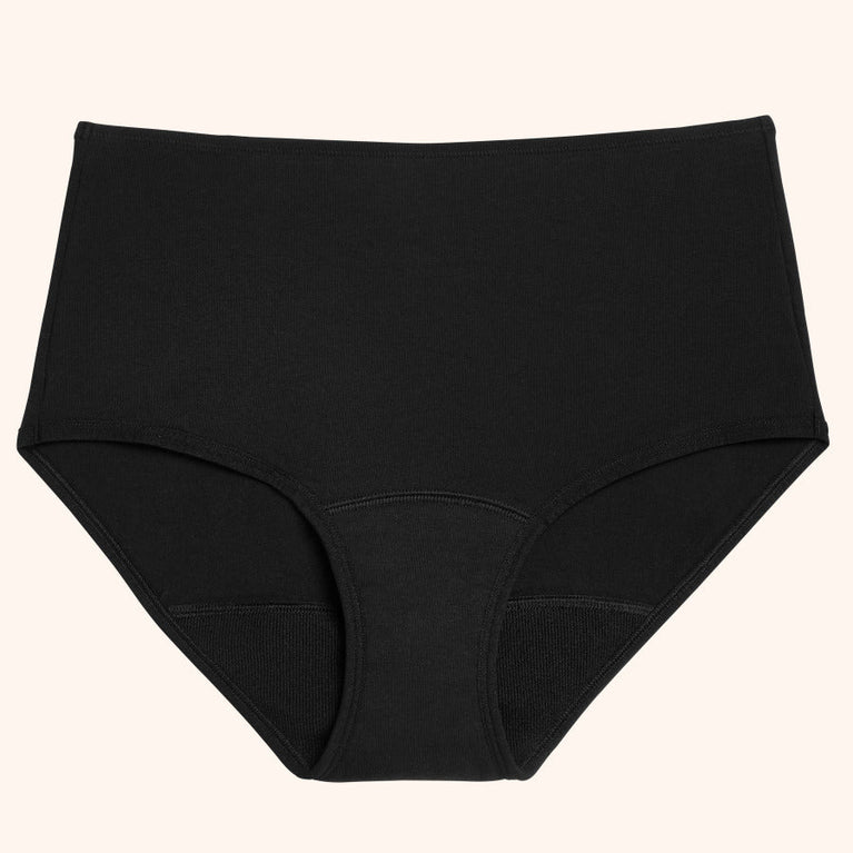 TENA Washable Soft Cotton Underwear | 3-Pack, classic high-cut, breathable black briefs designed for comfort and protection against light leaks, shown on a plain backdrop.