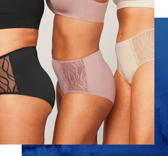 Three women wear black, pink and beige washable underwear, the focus is on the high-waisted Silhouette Classic washable incontinence underwear with lace panels in a bright studio setting.