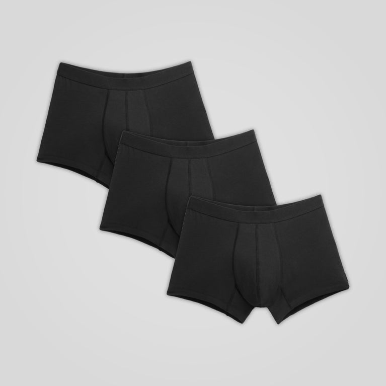 TENA Men 3 Pack Protective Boxers featuring three identical pairs of black boxer briefs, offering comfort and discreet protection with soft organic cotton and multi-layered security.