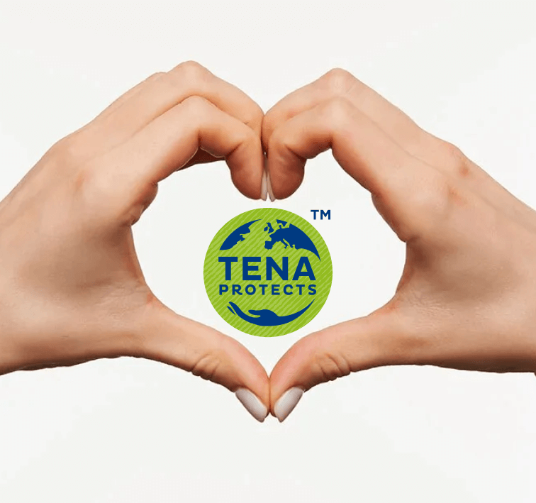 Two hands form a heart shape around a logo reading "TENA PROTECTS" on a white background.